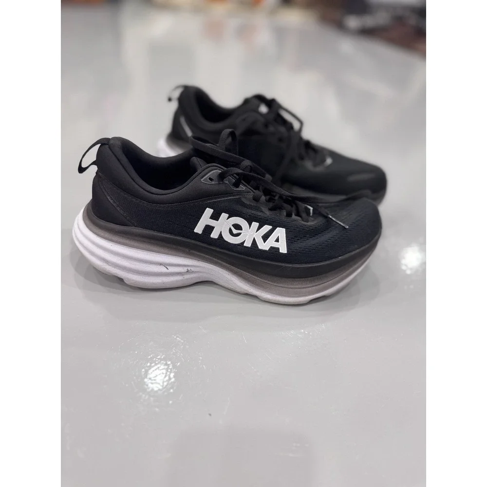 HOKA ONE ONE Bondi 8 Men's Black White Lace-Up Low Top Athletic Sneakers